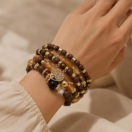 4-piece Bohemian-style multi-layer bracelet set, featuring heart, Tree of Life, and acrylic bead charms—perfect for everyday wea