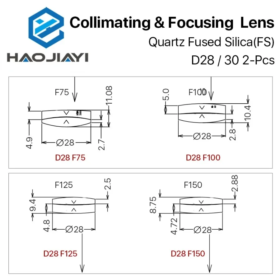 

Spherical Focusing Lens D28 D30 F75/100/125/150/155/200mm 2Pcs Quartz Fused Silica for High Energy Fiber Laser 1064nm