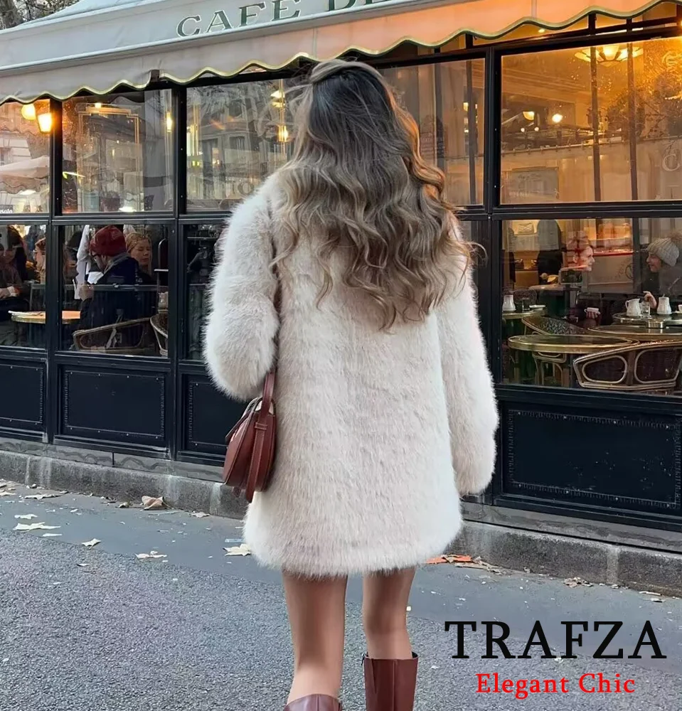 TRAFZA-Manteau en Fausse Fourrure pour Femme, Veste Élégante à Revers, à la Mode, Glamour, High Street, Hiver 2024