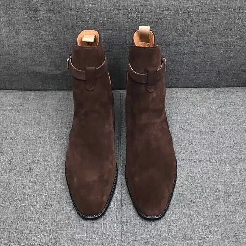 Black Brown Genuine Cow Suede Cross Belt Buckle Ankle Boots Man Square Heel Barber Boots Outdoor Shoes Male Vintage Boots view 4