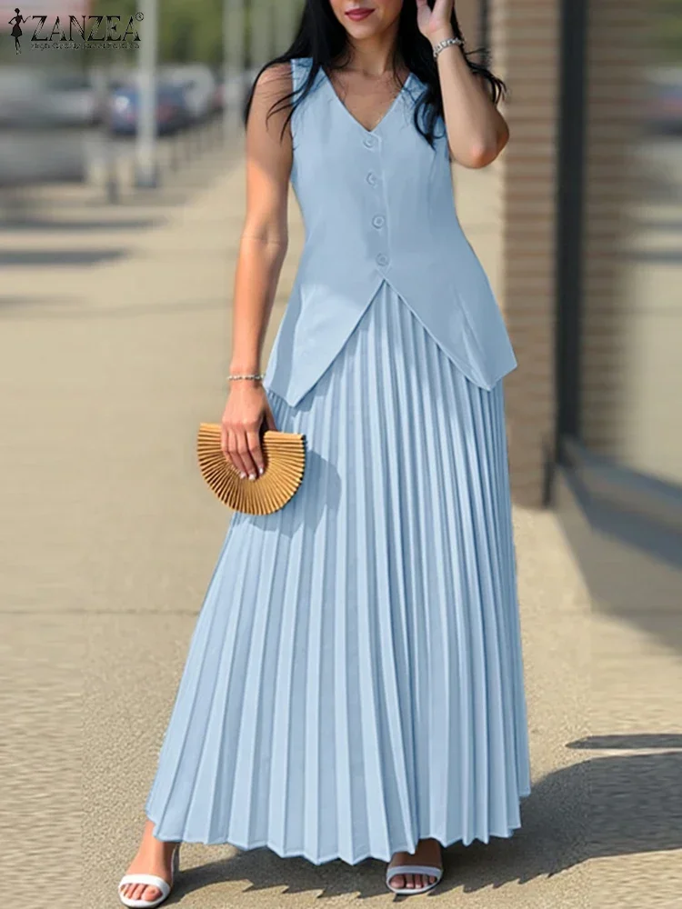 ZANZEA ฤดูร้อน 2 ชิ้นชุดชุด 2025 แฟชั่นผู้หญิงสบายๆหลวมชุดเสื้อกั๊กวันหยุดยาวจีบกระโปรงชุดการจับคู่ชุด