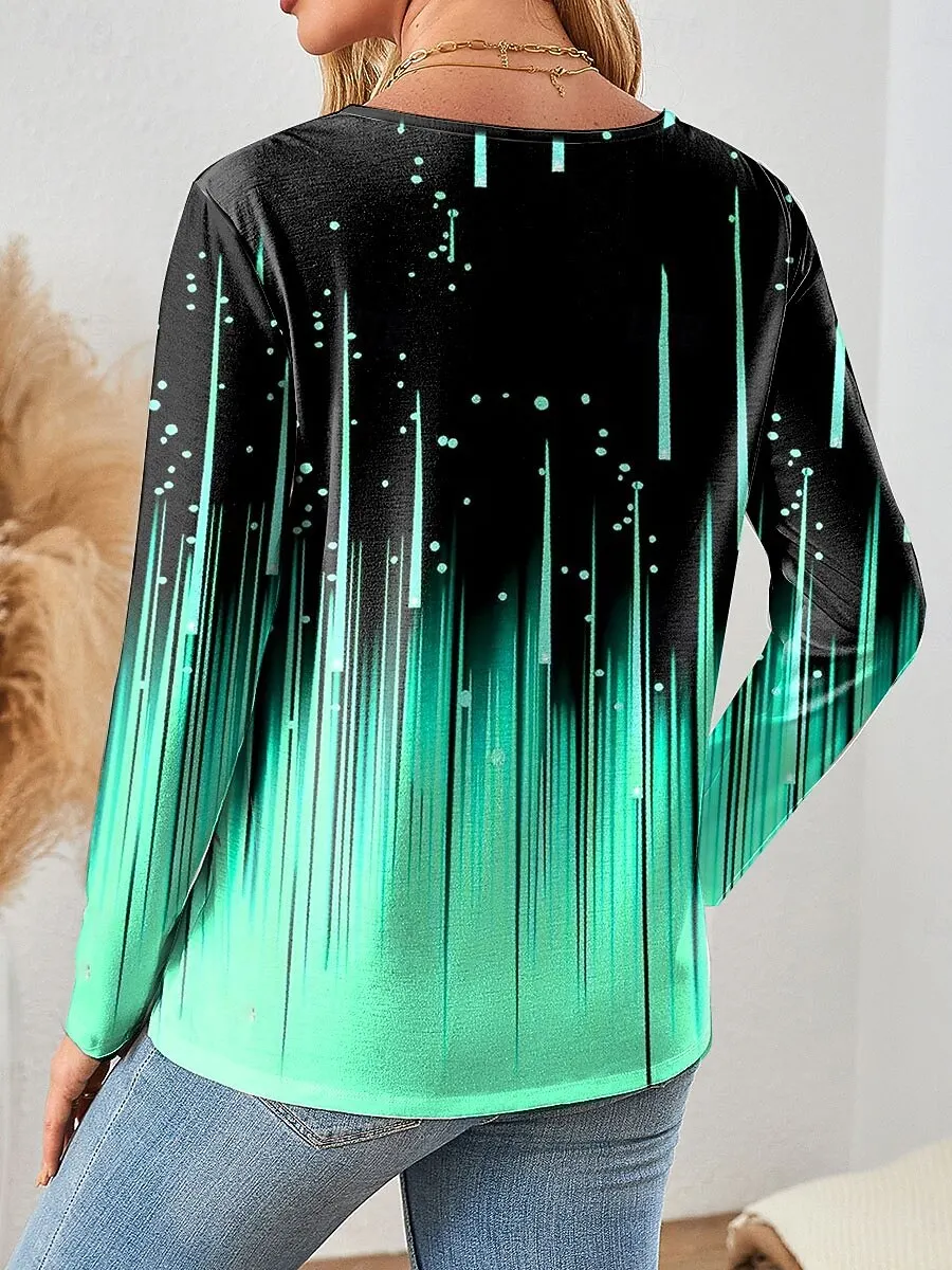 2025 Women's T-shirts Casual Long Sleeve Tops Ombre Graphic Geometric Tees Shirts Blouse O-neck Fall Winter Streetwear Pullover