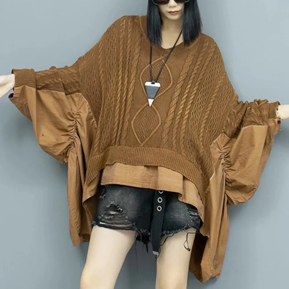 

2024 Spring Summer Worn Irregular Loose Bat Sleeve V-neck Long Sleeve Thin Knit Blouse Women LX1599