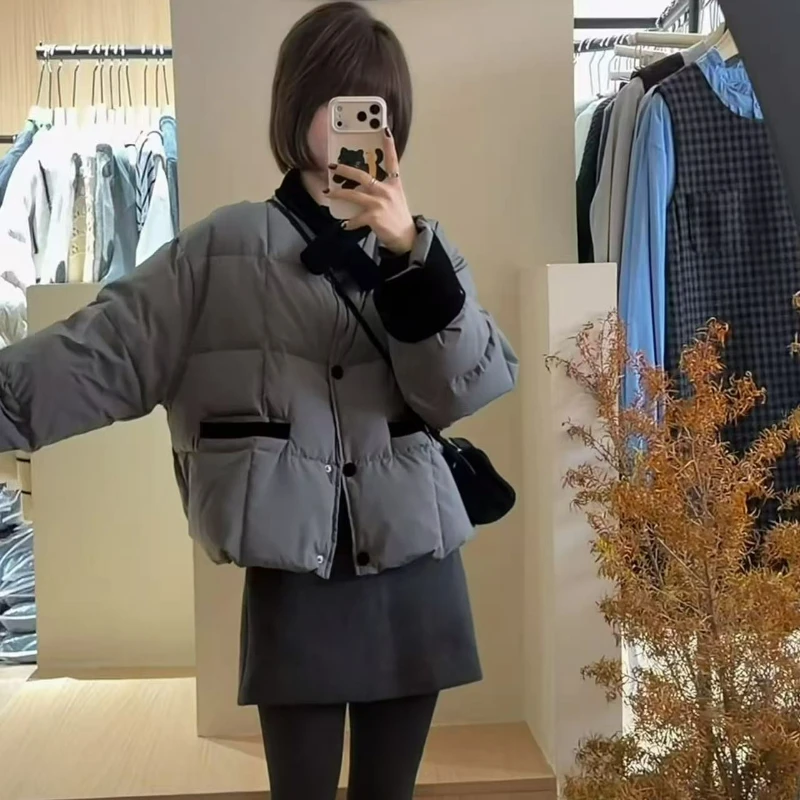 Korean-style Color-blocking Lapel Cotton-padded Coat for Women 2026 Winter New Style Warm Short Cotton-padded Coats for Women