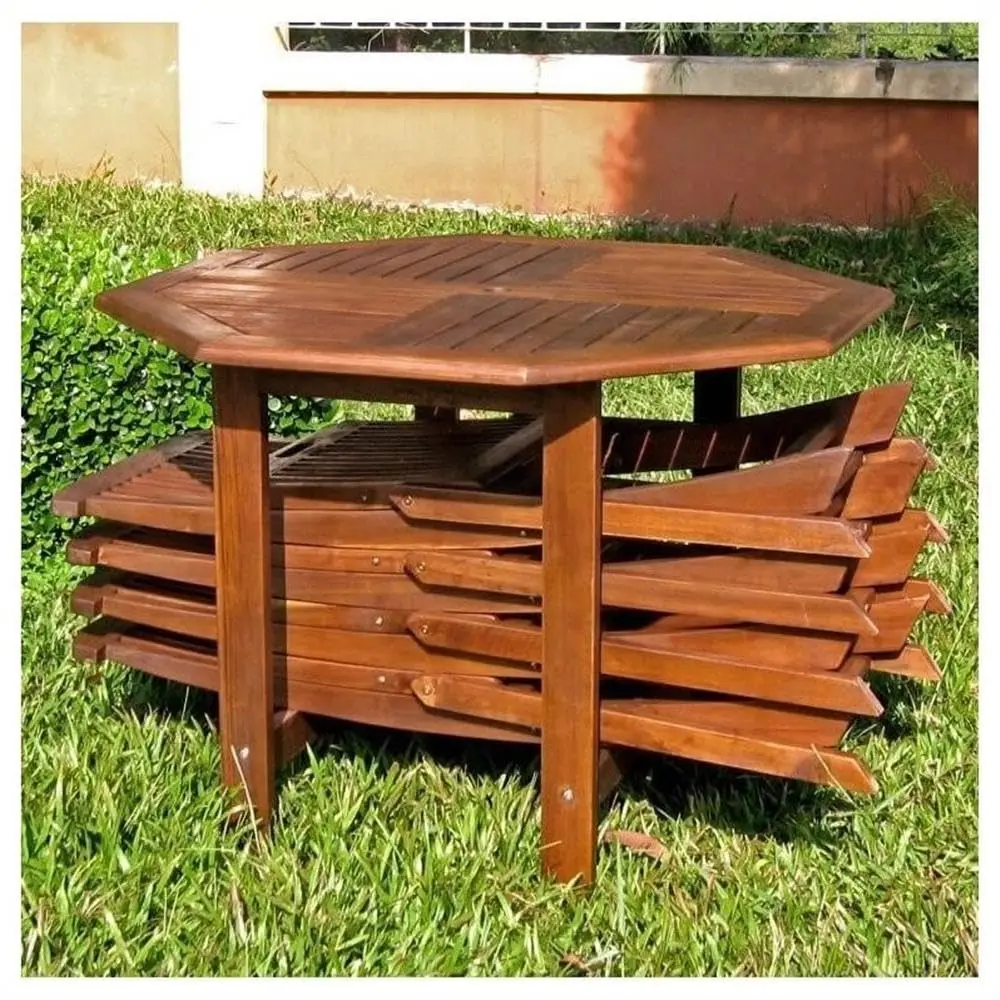 5 Piece Wood Patio Dining Set, Acacia Hardwood, All-Weather Finish, UV Protection, Folding Chairs and 38 in Round Table with Umb