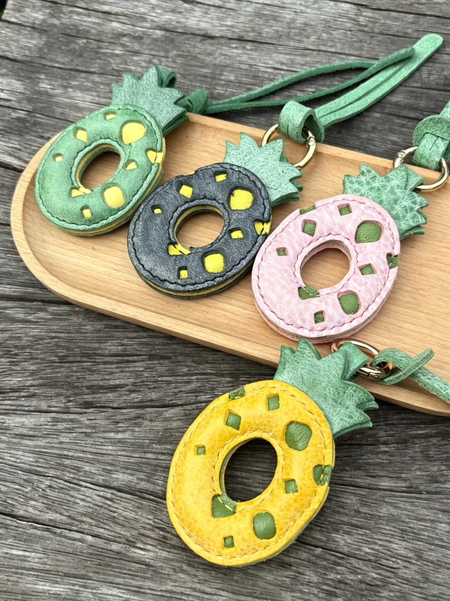 Pineapple Donut Bag Charm Handcrafted Keychain With Wax Rope Cow Leather-ideal Gift For Bag Accessory/women/kids Bag Pendant