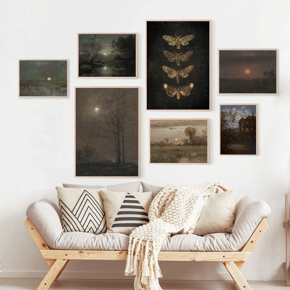 Full Moon Spooky Gothic Wall Art Canvas Print Halloween Home Decoration Vintage Haunted House Painting Moody Wall Pictures