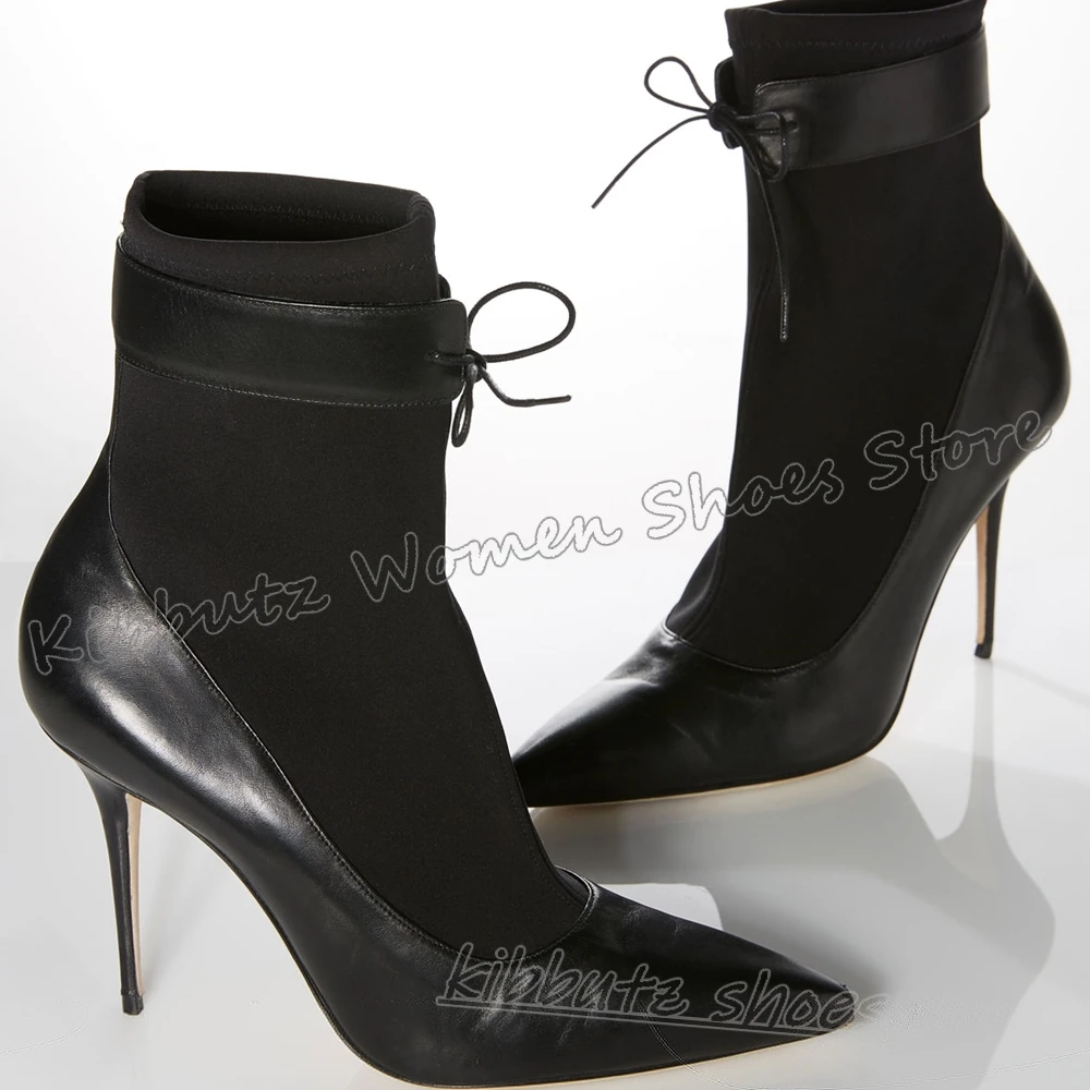 

Patchwork Ankle Boots Lace-Up Leather Solid Color Novelty Luxury Elegant Concise Sexy Fashion Women Shoes New Pointy Thin Heels