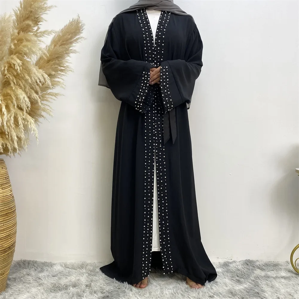 Solid Open Abaya Dubai Turkije Moslim Vest Kaftan Kralen Lace-up Jurken voor Vrouwen Casual Kimono Femme Caftan Islam kleding