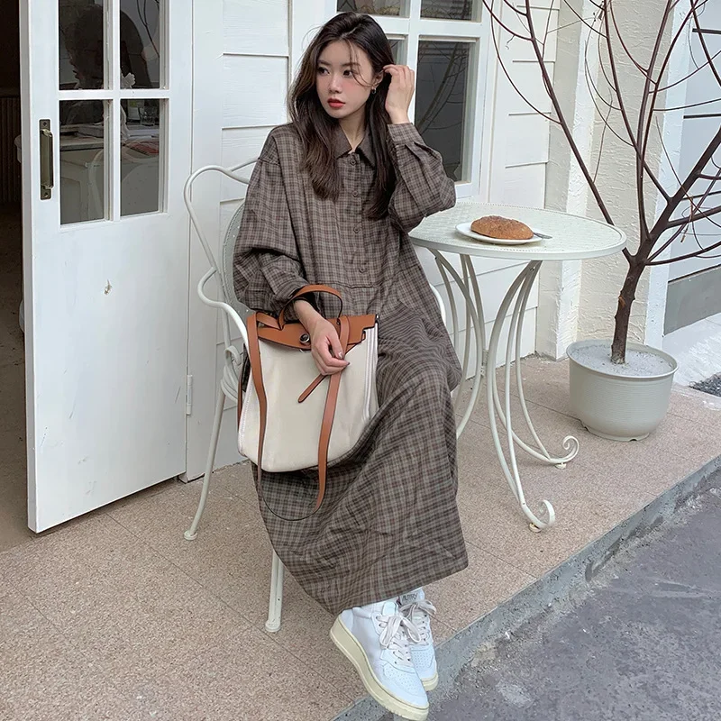 Y2k Autumn Winter Japanese Vintage Plaid Long Sleeve Shirt Skirt Women's Casual Elegant Slimming Dress