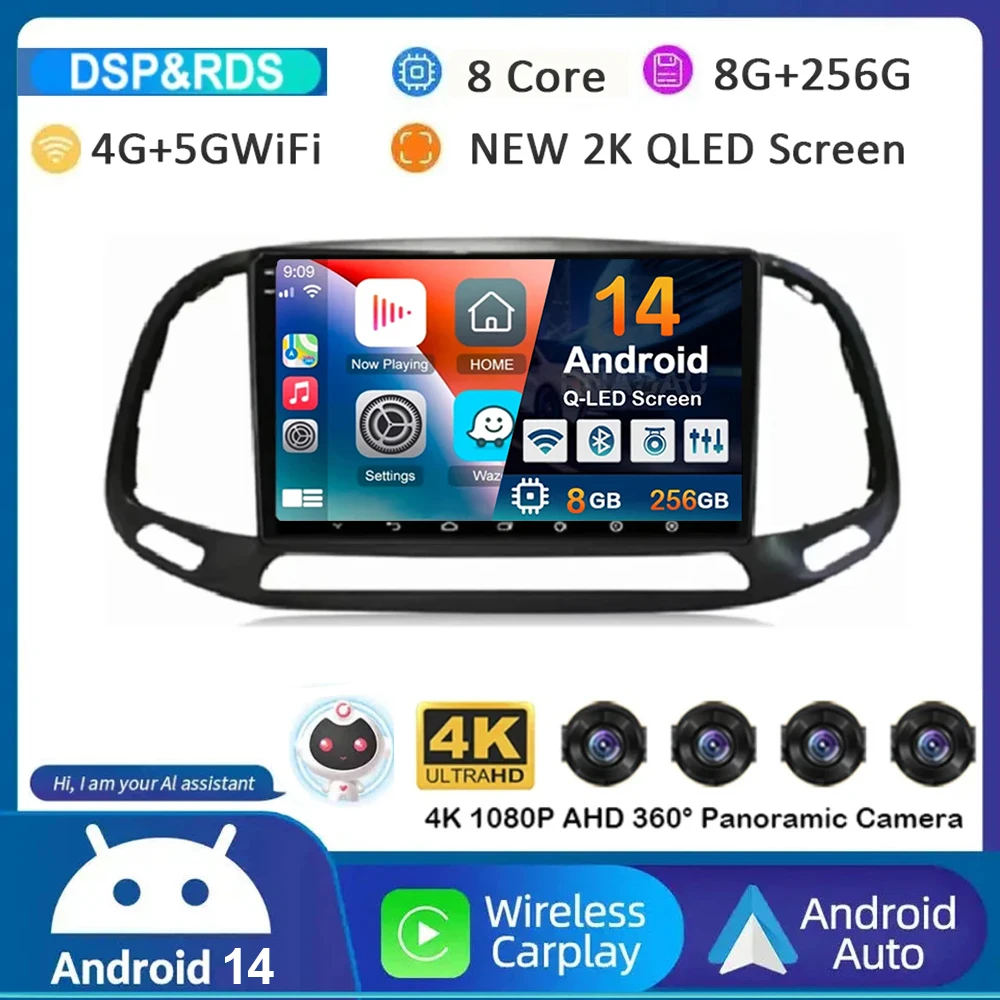 

Автомагнитола на Android 14, Wi-Fi + 4G для Fiat Doblo 2015, 2016, 2017, 2018, 2019, 2020, GPS, мультимедийный видеоплеер, стерео, камера 360
