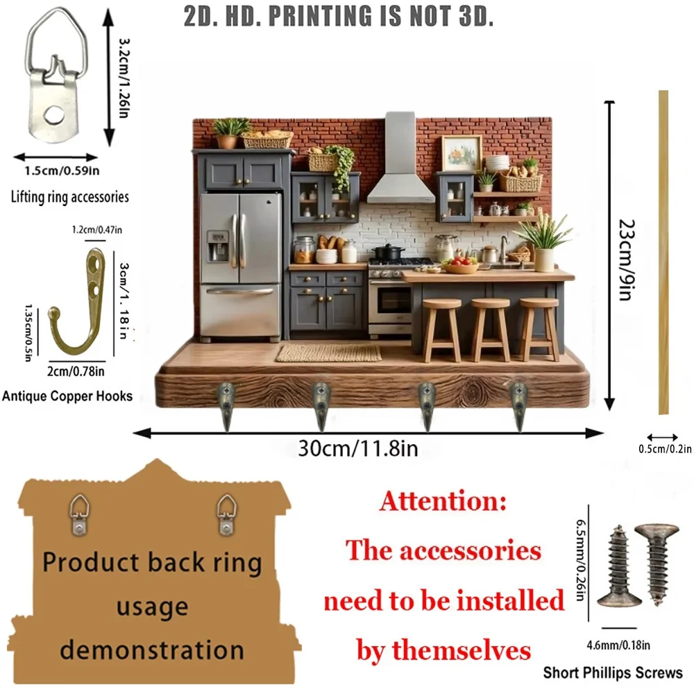 2D Flat. 1pc. Kitchen Key Hook - Multi-Functional Decorative Key Holder with Four Metal Hooks, Wall Decoration, Room
