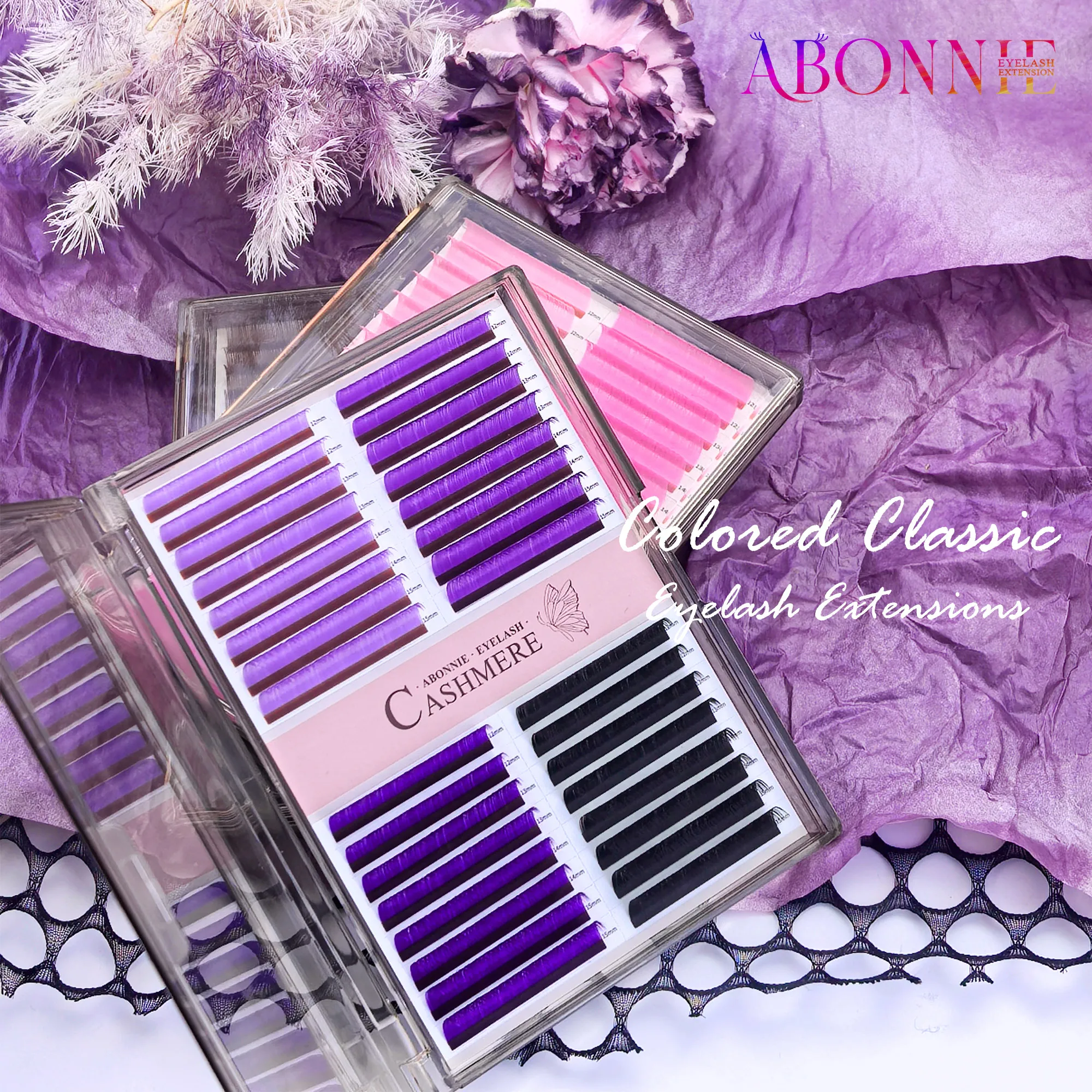 32Rows Purple Color Classic Eyelash Extensions Fluffy Eyelashes Mixed Tray Volume Eyelashes Abonnie Lash