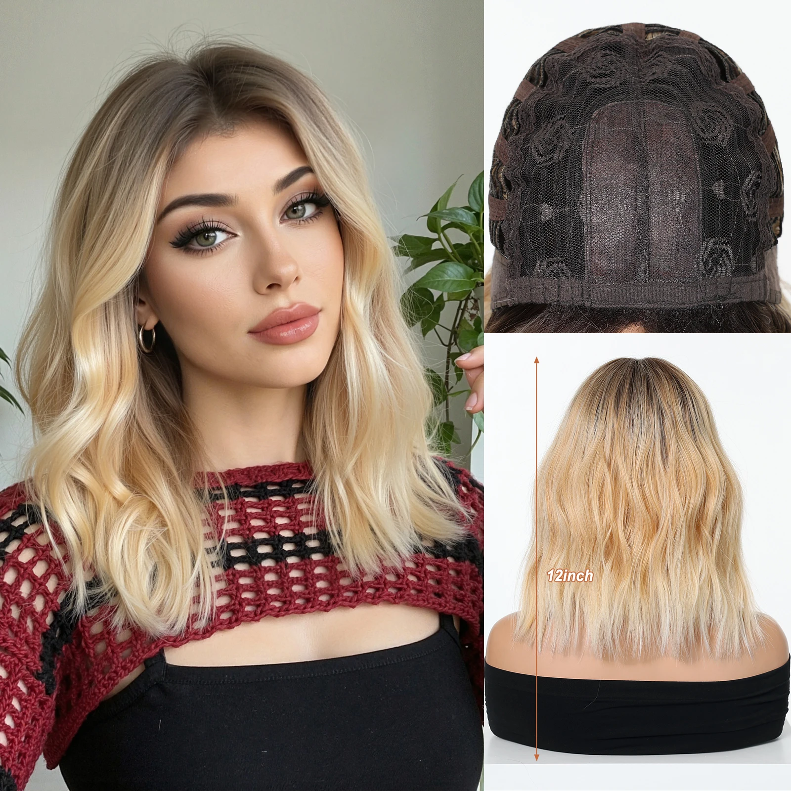 

Medium Loose Wave Wig for Women Light Brown to Blonde Heat Resistant Synthetic Hair Natural Hairline Shoulder Length Daily Use