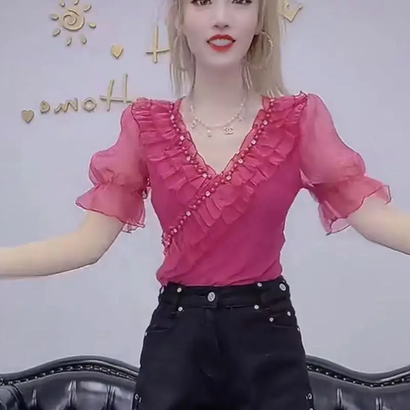 

Layered Hem Heavy Duty Rhinestone V Neck Color Block Short Sleeve Slim Fit T Shirt