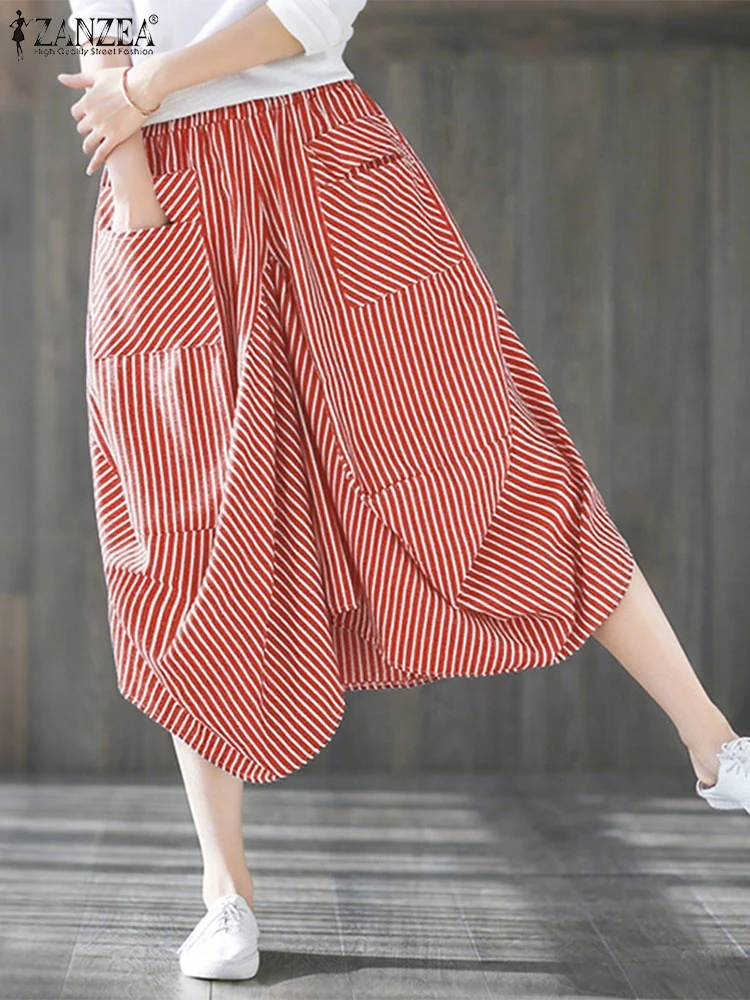 ZANZEA 2025 Casual Loose Striped Harem Pants Korean Style Big Pockets Trousers Vintage Pleated Elastic Waist Calf-Length Bottoms