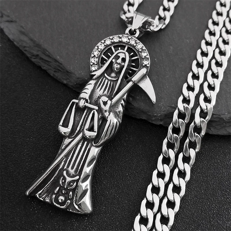 Heiliger St. Tod Santa Muerte Sensenmann Halskette für Männer Edelstahl Silber Farbe Männliche Halsketten Schmuck Geschenk NZZ518S05 – Detail 4