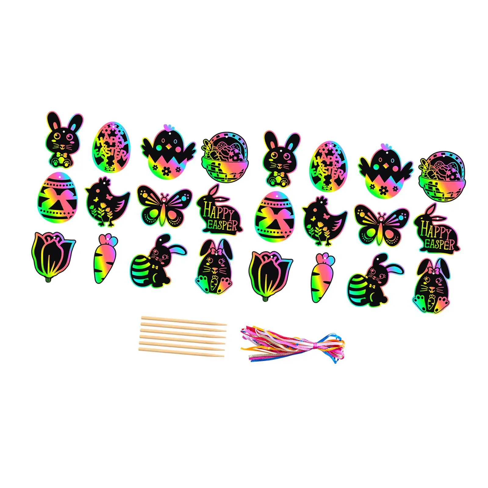 24x Easter Scratch Paper Set Hanging Drawing Toys Decorative Easter Crafts