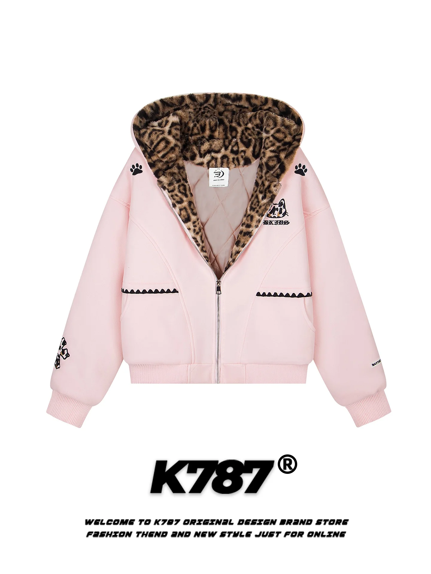 K787 American Retro Leopard Print   Embroidery Hooded Cotton Jacket Trendy Brand Cotton Filled Warm Winter Pink Couple ...