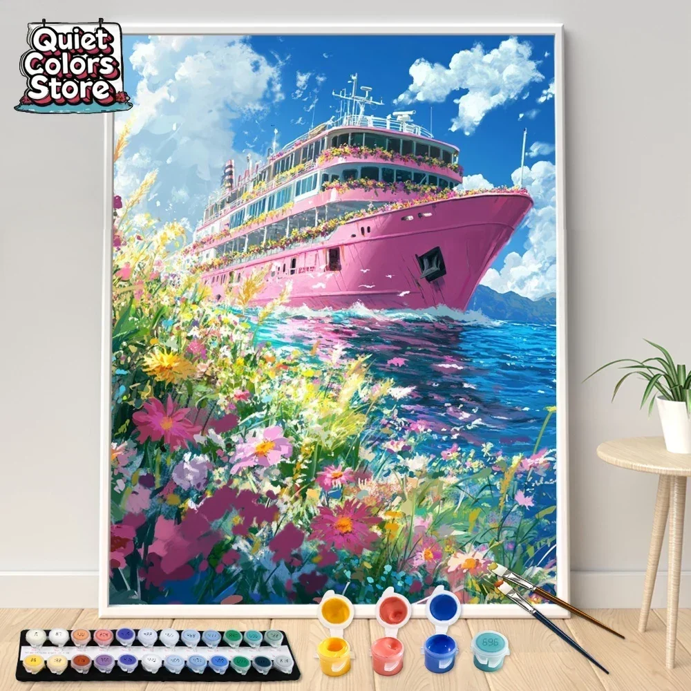

Hand Painting Pink ship on the sea filled with flowers Painting By Numbers Kit DIY Artwork Canva Art Home Decoration Gift