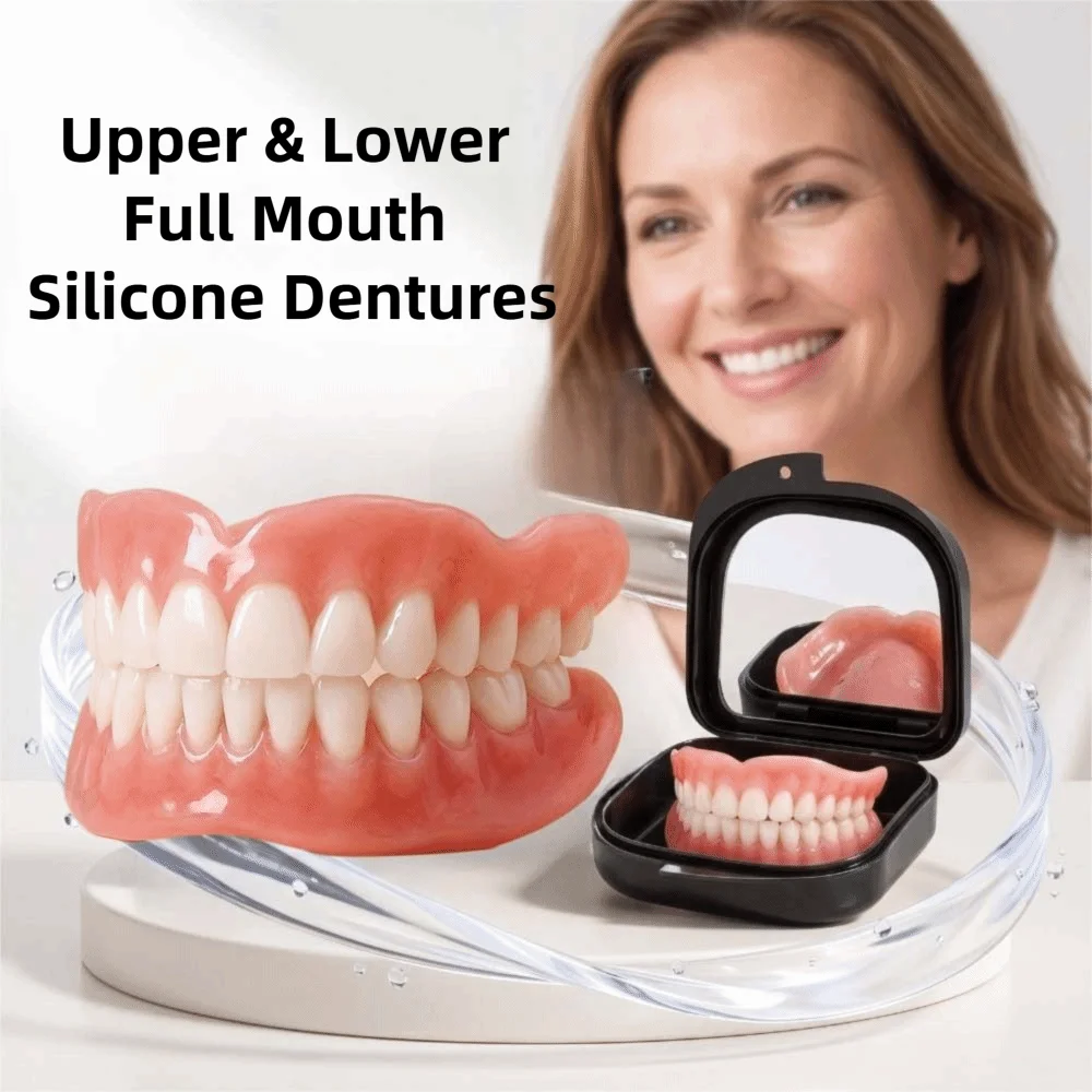 Soft Full Mouth Silicone Dentures Silicone Liners Easy To Use Realistic False Teeth Natural Bright Smi Full Denture Set