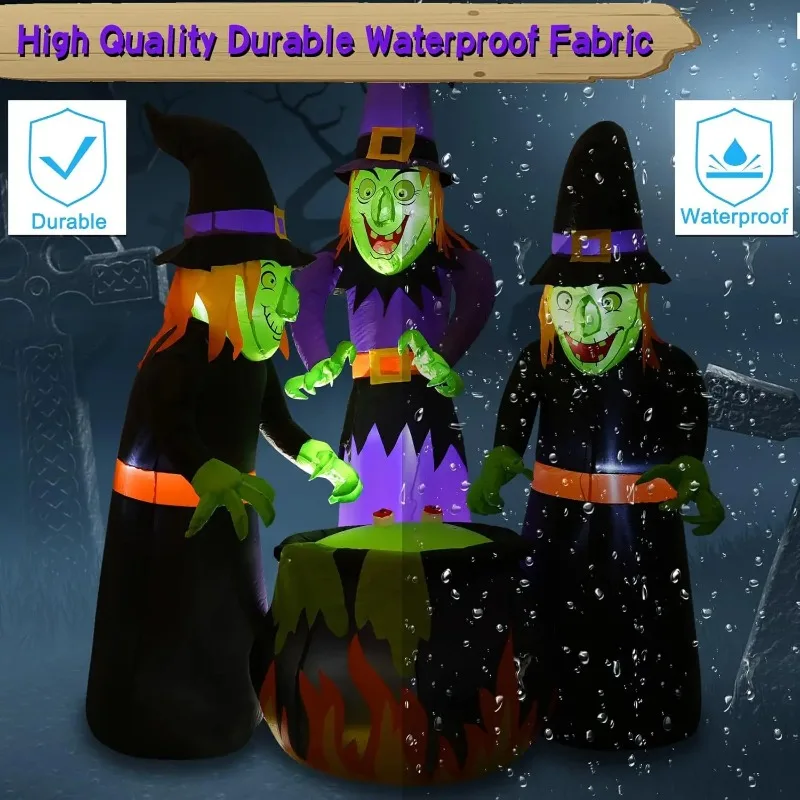 6Ft Halloween Inflatable Outdoor Decor, Three Witch Surround Cauldron with Built-in Lights, Blowing Lights Garden Grass