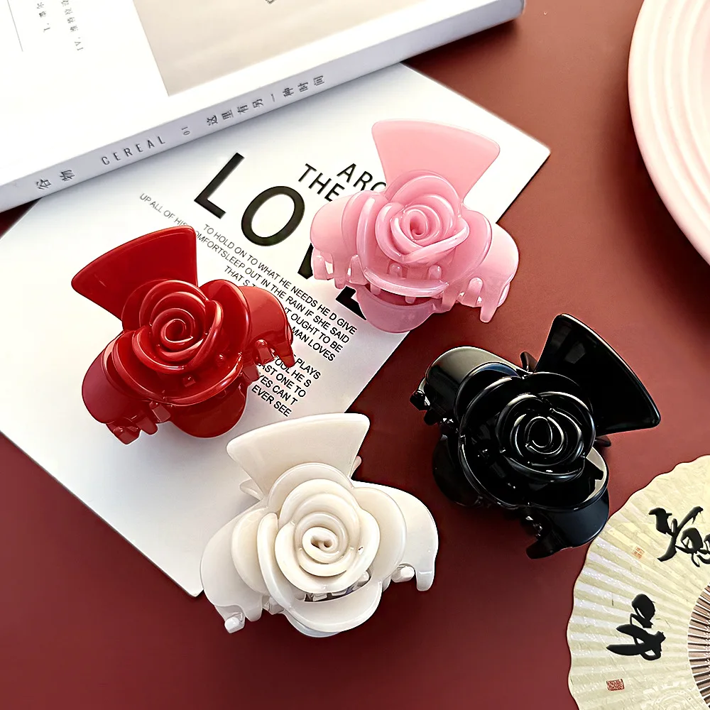 Elegant French 6.7cm Three-Dimensional Rose Flower Half Grab High Quality Acetate Pure Colorful High Ponytail Shark Clip