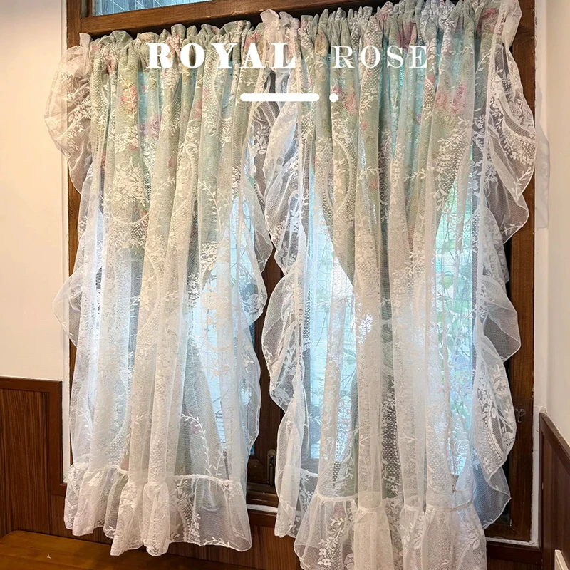 Double Layered Idyllic French Romantic Flowers Curtains Cloth For Living Room Lace Warp Ruffled Tulle Curtains for Kitchen #A671