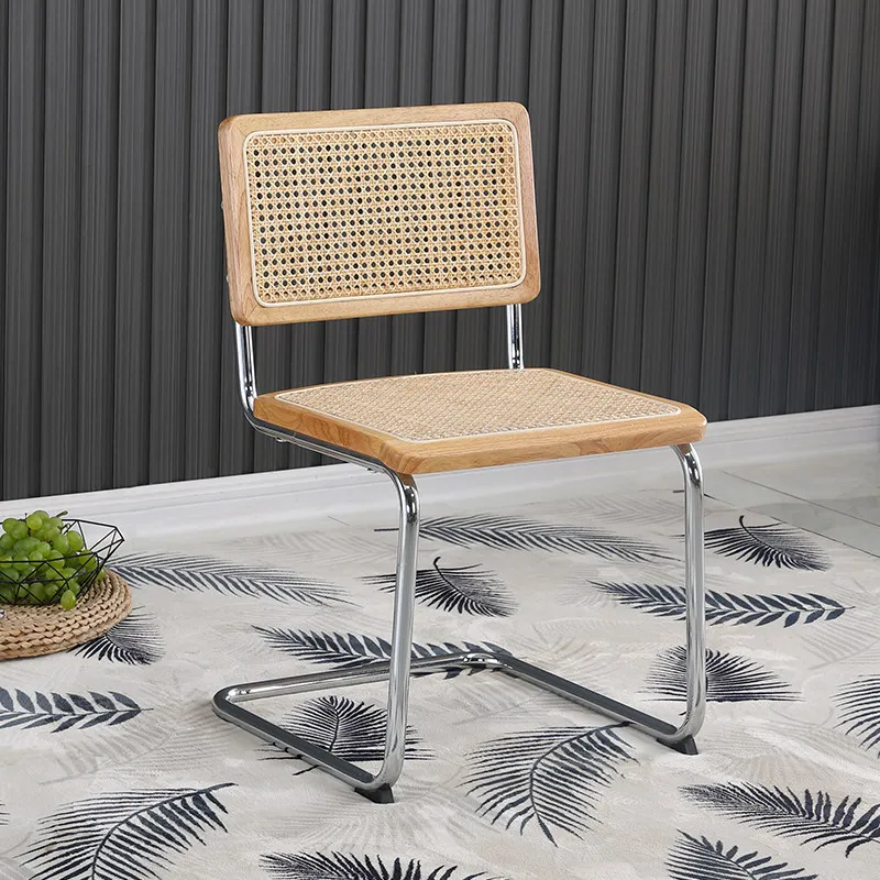 Nordic Rattan Chair Wrought Iron Home Solid Wood Back Chairs Armrest Retro Dining Chair Light Luxury Medieval Chair