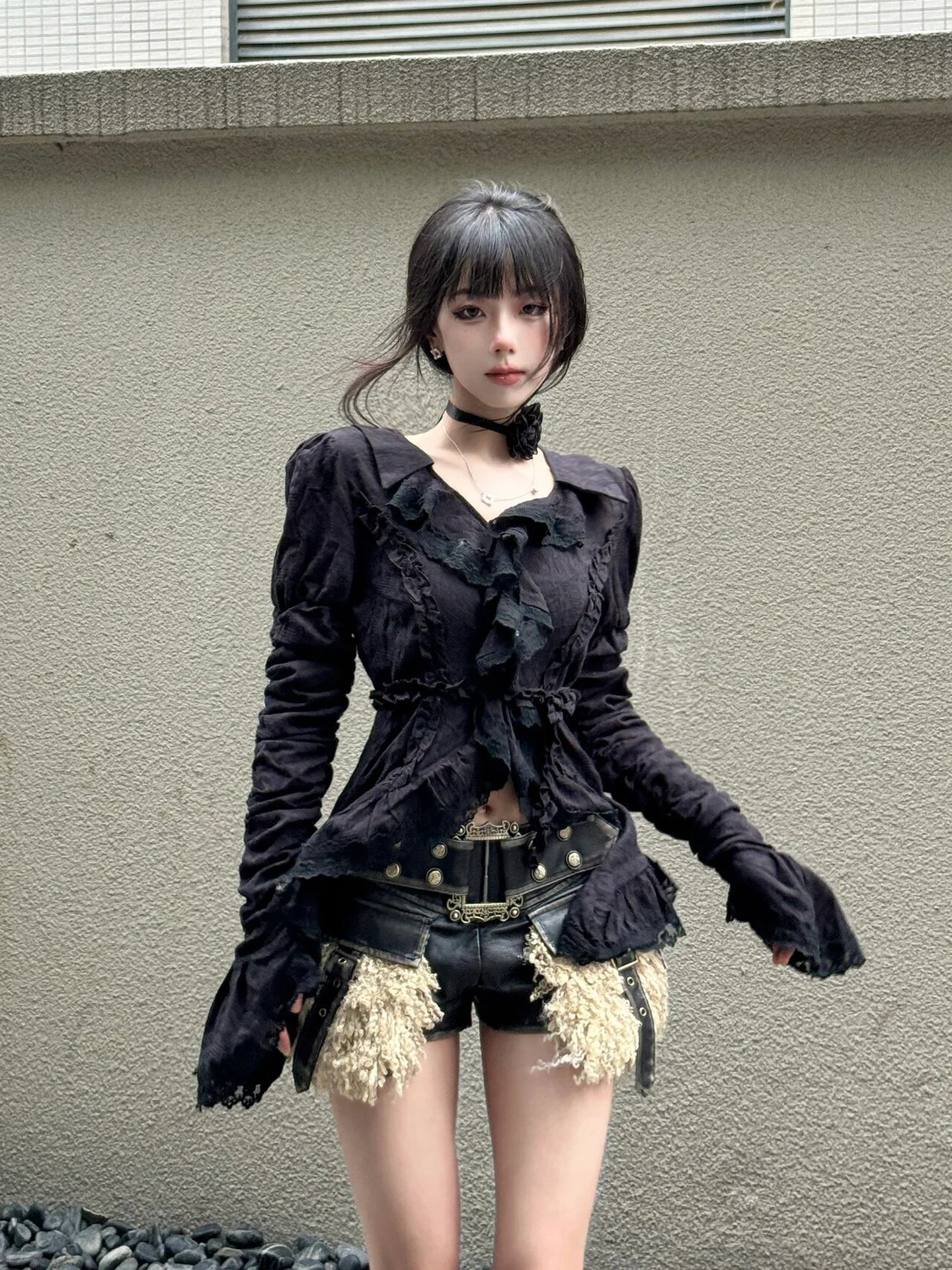 Ele Long Sve V-Ne ourlet à volants irt haut évasé plissé pour femme Design Sense Sve qui soulève la taille Pure Desire Spicy G...