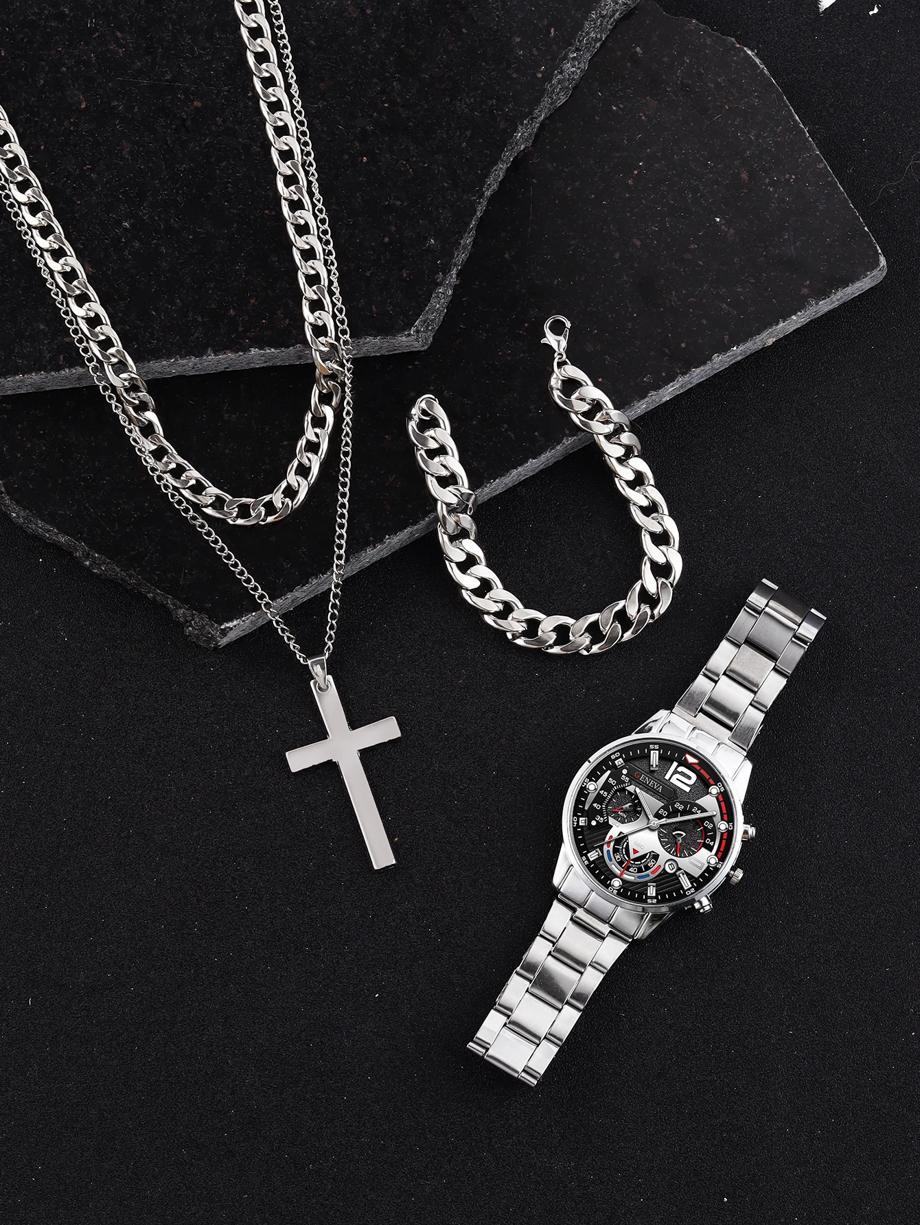 4pcs Business style Silver Mechanical design Men\'s alloy quartz watch with calendar and alloy Cross Cuban Necklace bracelet set