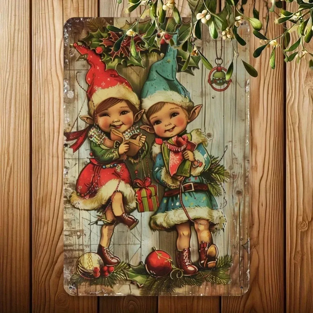 خمر عيد الميلاد قزم معدن القصدير تسجيل 8x12 بوصة - الحديد جدار الفن شنقا ديكور للمنزل مطعم مقهى حفلة احتفالية