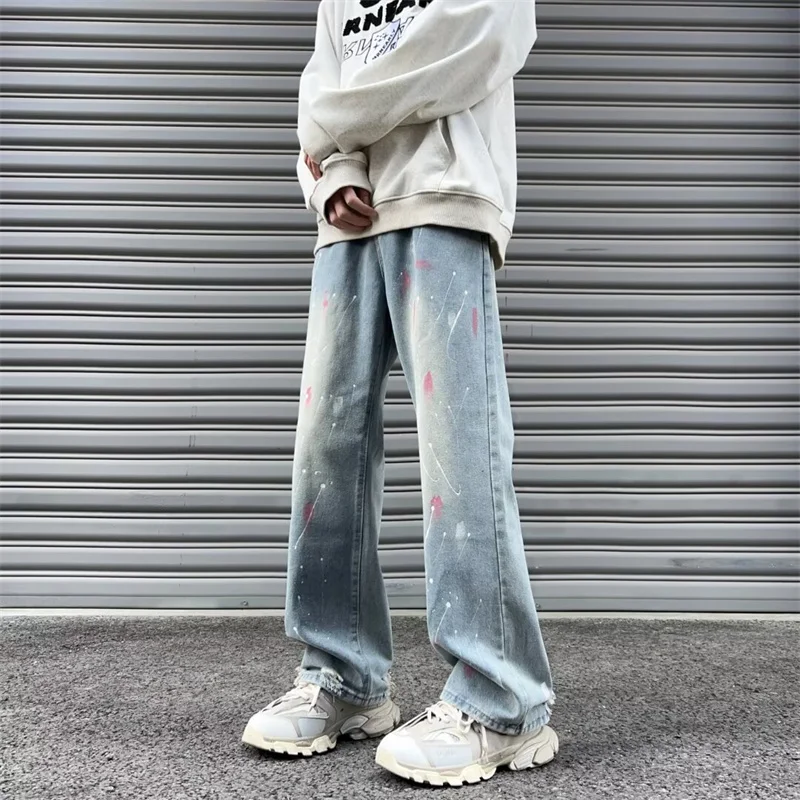 

2024 New Splashing Ink Graffiti Baggy Jeans For Men Blue Y2K Vintage Denim Trousers Streetwear Straight Pantalones Hombre