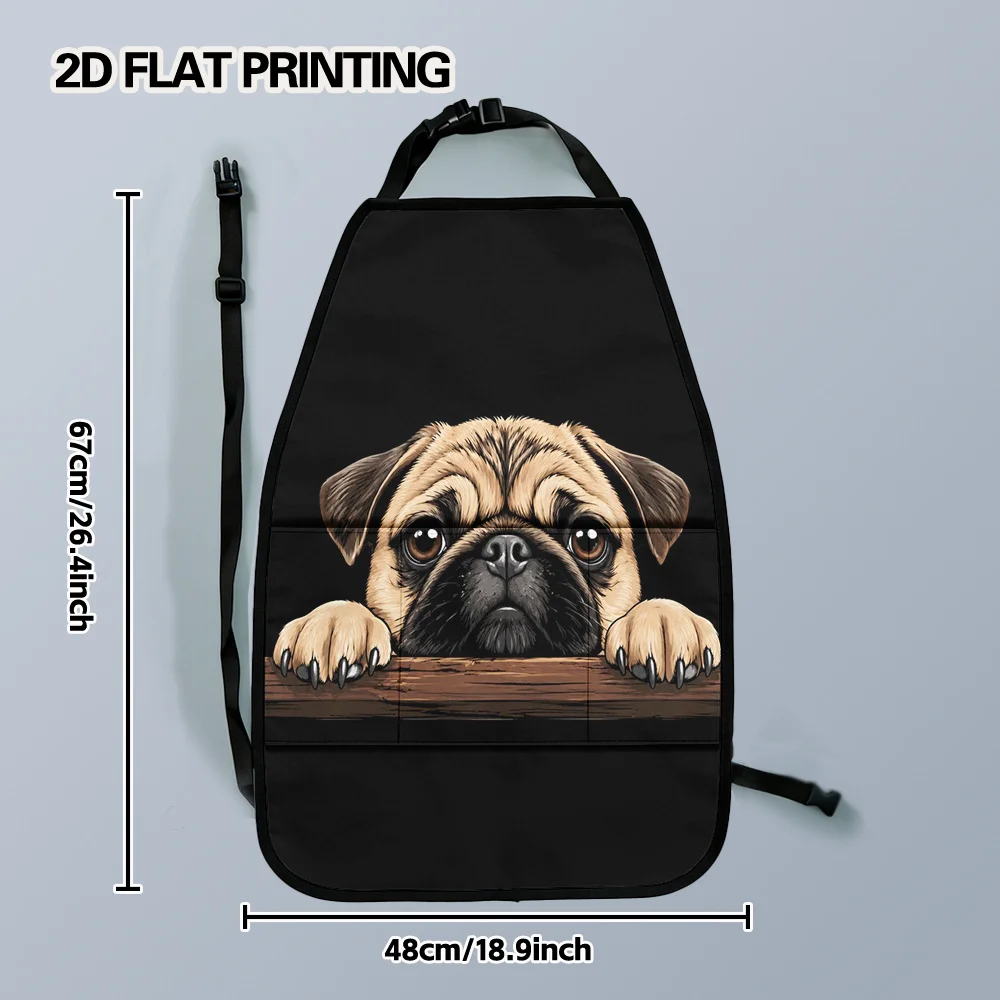 2D Flat, 2pcs Sad Pug Peek Design Car Kick Mats With Organizer, Practical Multi-Pocket Adjustable Style, Easy To Manage, Maintai