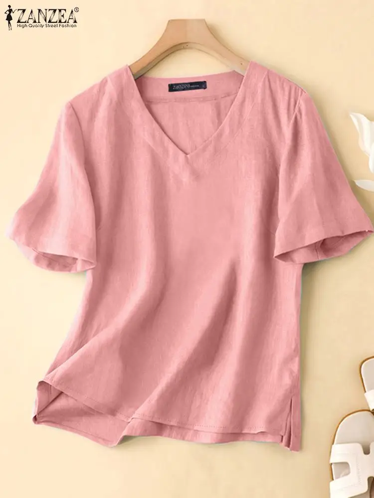 Summer Elegant Blouse ZANZEA Women V Neck Short Sleeve Blusas Casual Shirt Fashion Solid OL Work Tops Female Beach Tunic Mujer