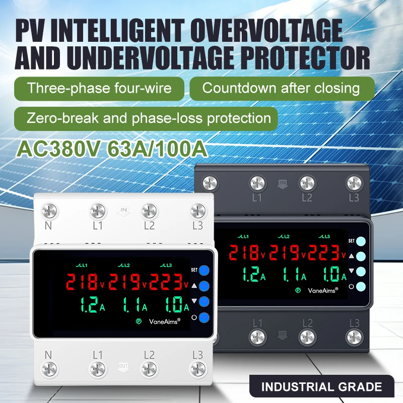 AC380V 3 Phase 4-Wire Voltage Protector Relay 63A 100A Adjustable Phase Loss Zero-break Overcurrent Over/Undervoltage Protector