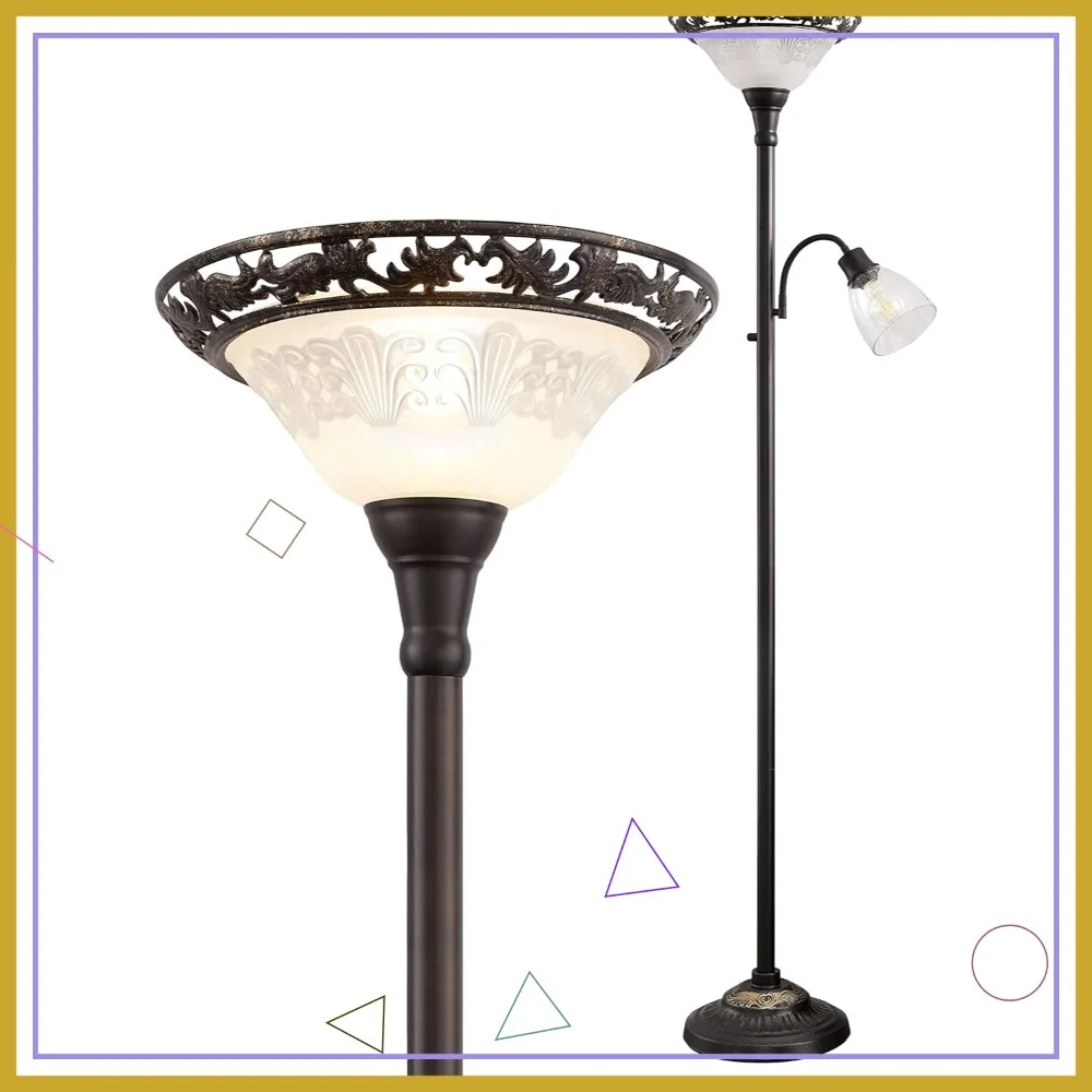 

Винтажный напольный светильник 70 дюймов с абажуром из гравированного стекла, металлическим стержнем и утяжеленным основанием для декора гостиной, спальни, офиса