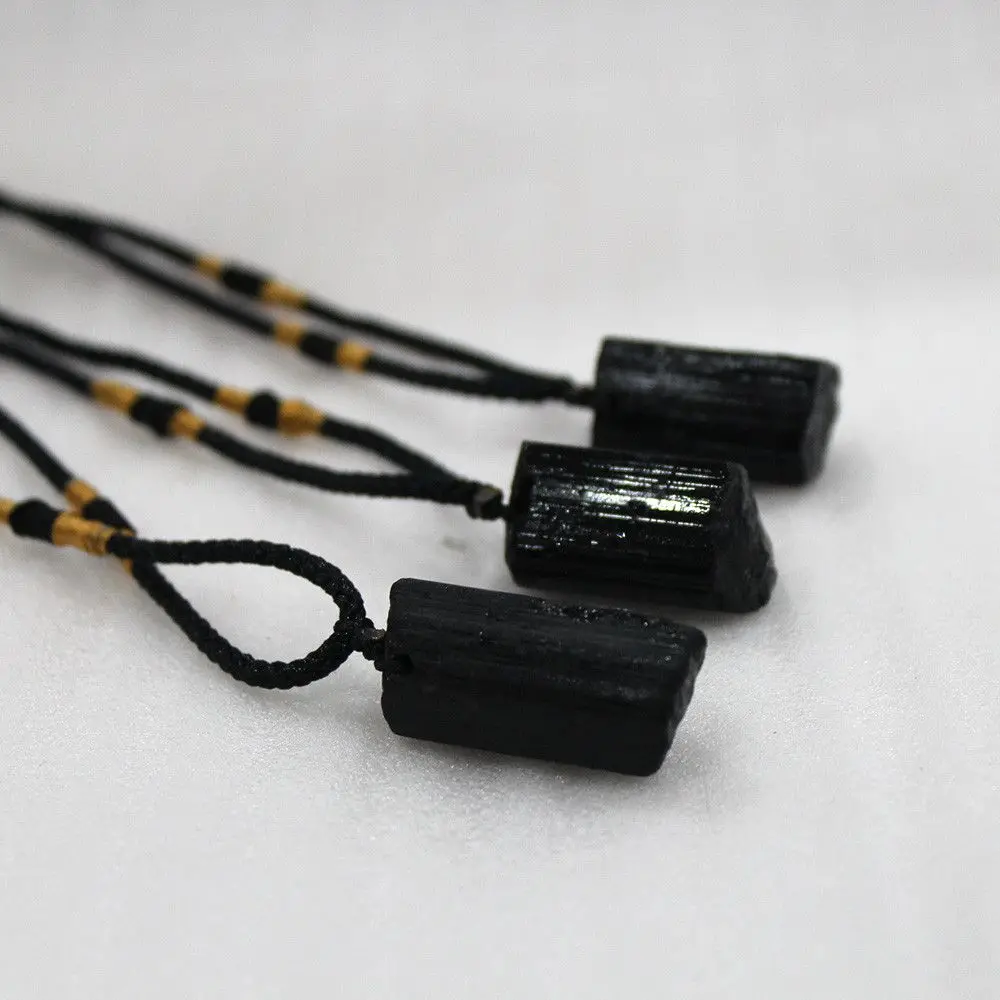 Natural Black Tourmaline Rough Pendant Necklace Irregular Black Tourmaline Cylinder Rough Stone Personality Necklace Jewelry