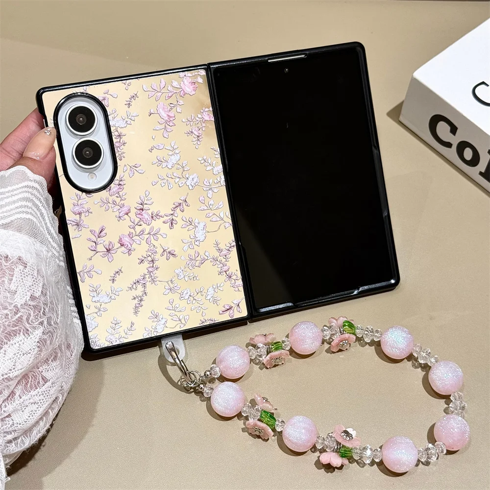 Pink Purple Floral Mirror Phone Case For Samsung Galaxy Z Fold8 Ultra Fold7 6 5 4 Foldable Protective Cover Beaded Wrist Chain