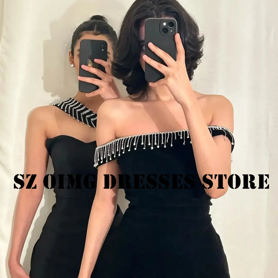 OIMG New Design Strapless Ruched Tassels Prom Dresses Arabic Women Short Sleeves Ankle Length Evening Gowns Formal Party Dress