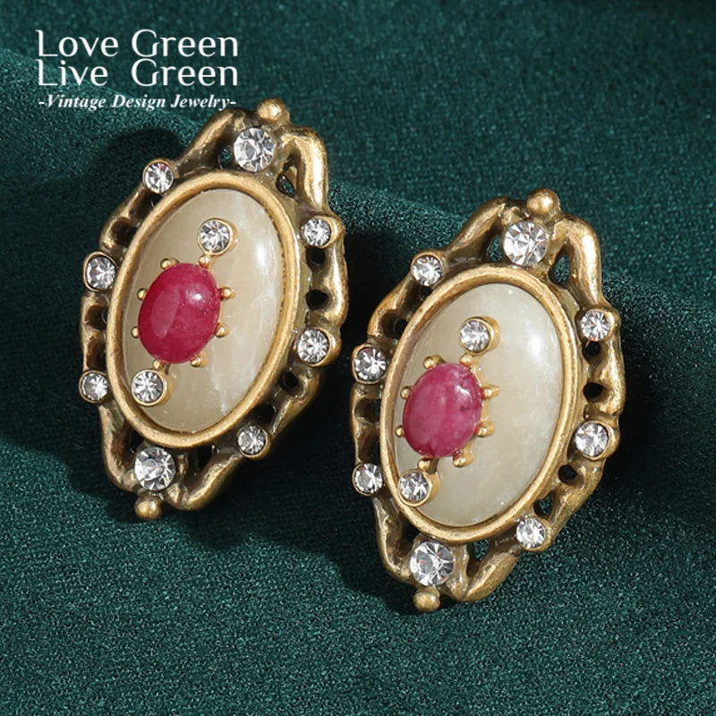 Vintage Pink White Jade Earrings For Woman Studs Flower Antique Gold Color Rhinestones Ellipse Accessories 2026 Trend Jewelry ﻿