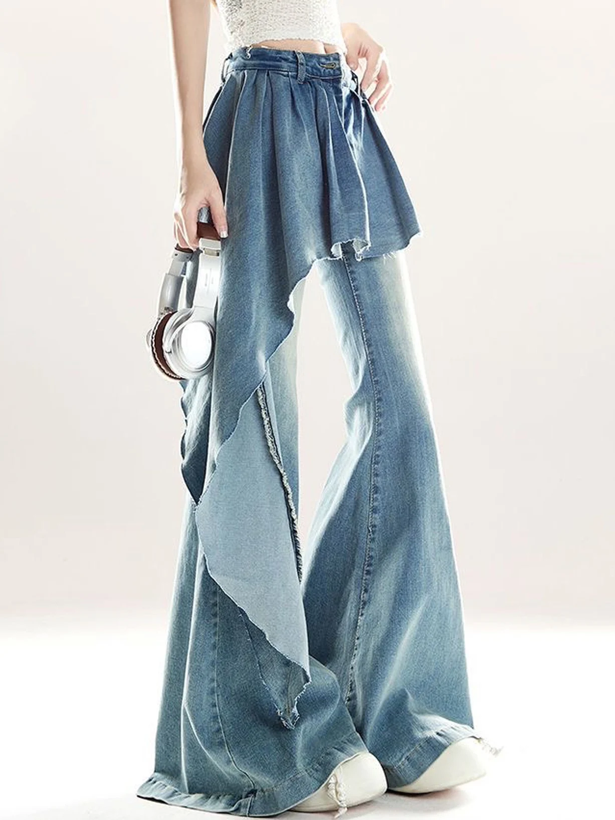 High Waist Slim Fit Micro Flared Jeans Women's Autumn New Asymmetric Design Denim Pants False Two-Piece Trendy Skirt Hem