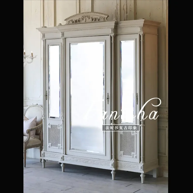French retro style wardrobe European solid wood carving flower glass door storage cabinet