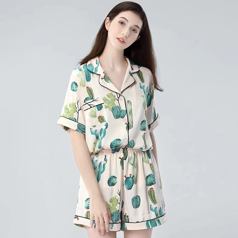 Personalities Fresh Cacti Print Classical Sleep Pajamas Women Summer Casual Short House Loungewear 2024 New Y2k Women\'s Home Set