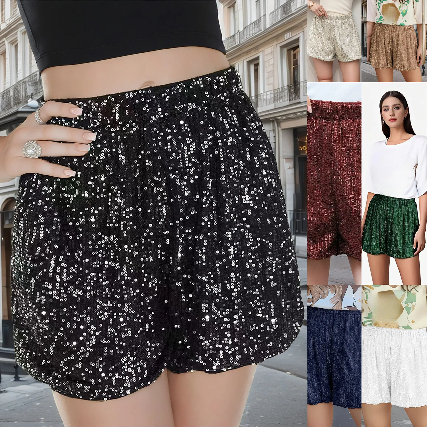 العصرية بلون الترتر السراويل النساء أزياء الشارع الشهير كل مباراة مستقيم ثلاثة أرباع السراويل سيدة التنقل الملابس الجديدة #6