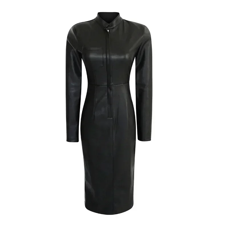 Plus Size Autumn New Fashion 2024 Women Stand Long Sleeve Faux Leather Zipper Flocking Black Casual Bodycon Kn-length Dress