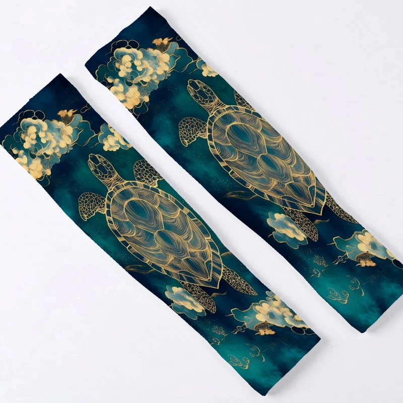 Unisex Cooling Arm Sleeves in Dark Blue with Golden Turtle and Auspicious Cloud Patterns, Featuring a Classic