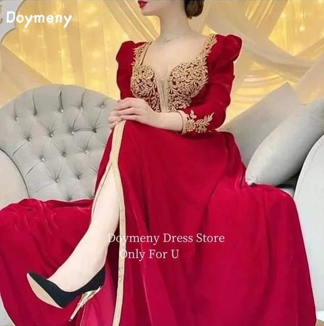 Doymeny Velvet Appliques Long Sleeves A-line Evening Dresses Sweetheart Split Moroccan Kaftan Prom Dresses Arabic Party Gowns