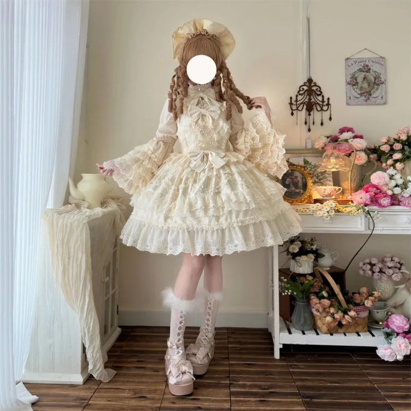 Sweet Lolita Jsk Dress Women Kawaii Cute Lace Victorian Ruffles Flower Wedding Bow Dress Japanese Vintage Elegant Princess Dress - view 4