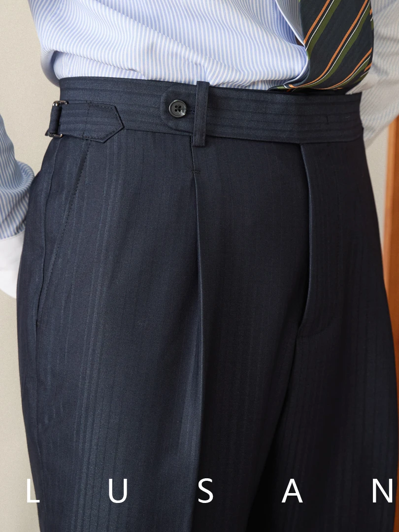 Mr. Deer Three Business Casual Gentry Striped Straight High Waist Pants All-match Men's Blue Neapolitan Trendy Pants